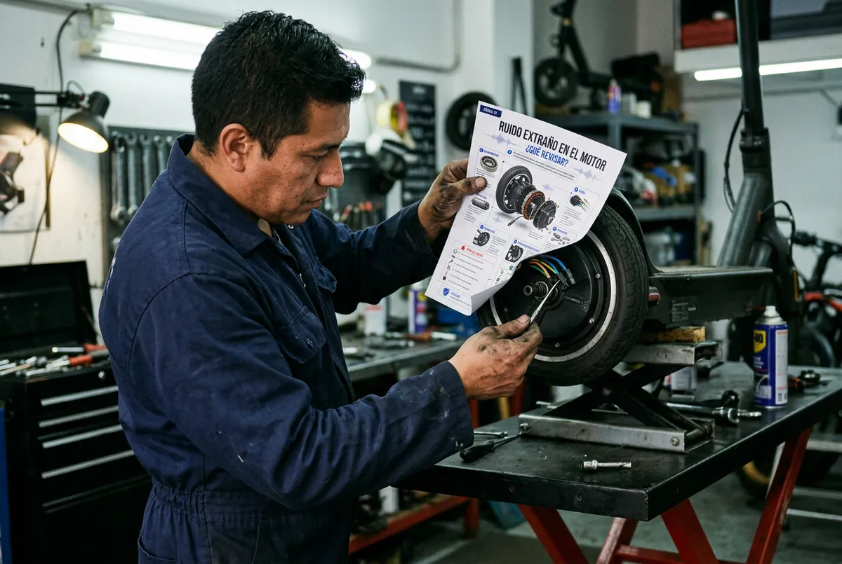 Mecánico usando el manual para revisar el motor de un scooter