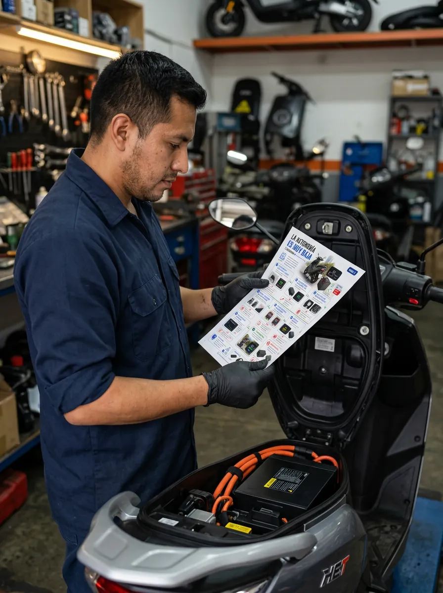Mecánico latino usando el manual de reparación para diagnosticar una scooter eléctrica en su taller